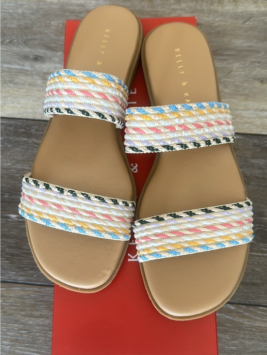 Kelly & Katie Shoes - Kelly & Katie Tan Slide Sandals with Multicolor Braided Straps